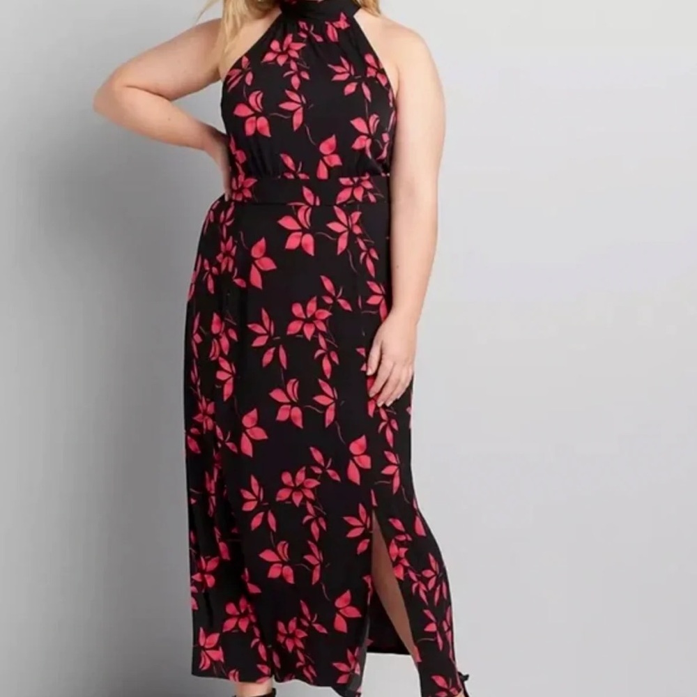 Lane Bryant Floral Halter Neck Dress - Black and Pink